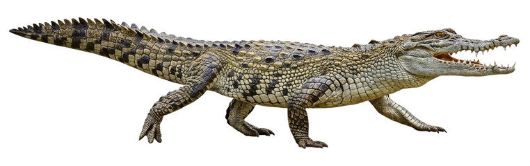 Naklejka premium Aggressive crocodile walking with open mouth and sharp teeth, isolated on a transparent background