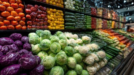 Fresh Produce Market Display Colorful Vegetables and Cabbages in Plastic Wrap