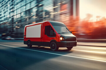 Quick urban delivery van transporting cargo on motorway Business logistics express service Mini bus on sunny highway