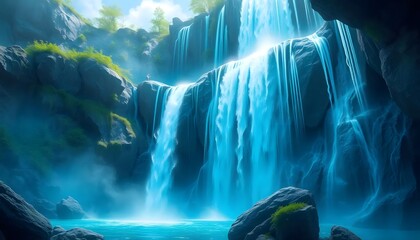 artwork captures enchanting and serene qualities of a blue waterfall, highlighting its mesmerizing turquoise or azure colors and contrasting scenery