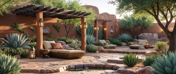 Southwestern style backyard oasis with pergola lounging area and desert landscaping