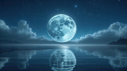 Serene night scene with a large full moon reflecting on calm water. Starry sky and soft clouds create a magical atmosphere.