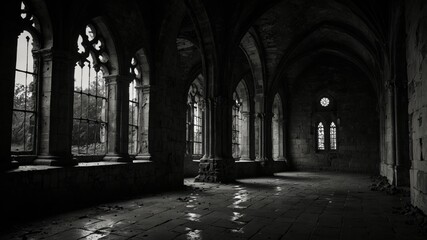 Obraz premium Gothic Interior: Arches and windows create a stunning, dark space. Shadows add depth to the stone structure.