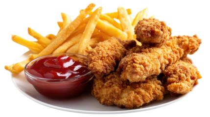 Golden Fried Chicken and Fries Delight: A mouthwatering plate showcases crispy, golden-fried chicken, accompanied by a generous portion of perfectly cooked fries and a vibrant bowl of ketchup.