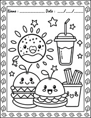 Cute Monster  fast food Coloring Pages For Kids. High resolution (300 DPI), ready to print on standard 8.5x11 inch paper  With No Bleed, Black and White Vector illustration AI, EPS, PNG, JPEG.