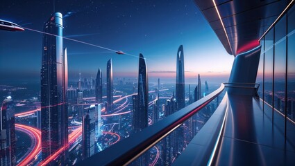 Futuristic cityscape at dawn, viewed from a modern skyscraper balcony. Flying vehicles streak across the vibrant skyline.