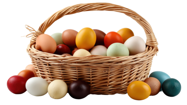 A Basketful of Spring: A charming wicker basket overflows with a colorful assortment of hand-painted Easter eggs, a delightful symbol of springtime renewal and celebration.