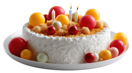 Celebration Cake's Grandeur: A delightful cake with a generous frosting, meticulously garnished with vibrant spheres, lit candles, capturing the essence of a joyous celebration.