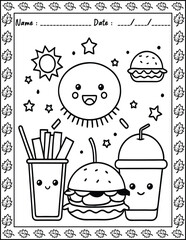 Cute Monster  fast food Coloring Pages For Kids. High resolution (300 DPI), ready to print on standard 8.5x11 inch paper  With No Bleed, Black and White Vector illustration AI, EPS, PNG, JPEG.