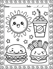 Cute Monster  fast food Coloring Pages For Kids. High resolution (300 DPI), ready to print on standard 8.5x11 inch paper  With No Bleed, Black and White Vector illustration AI, EPS, PNG, JPEG.