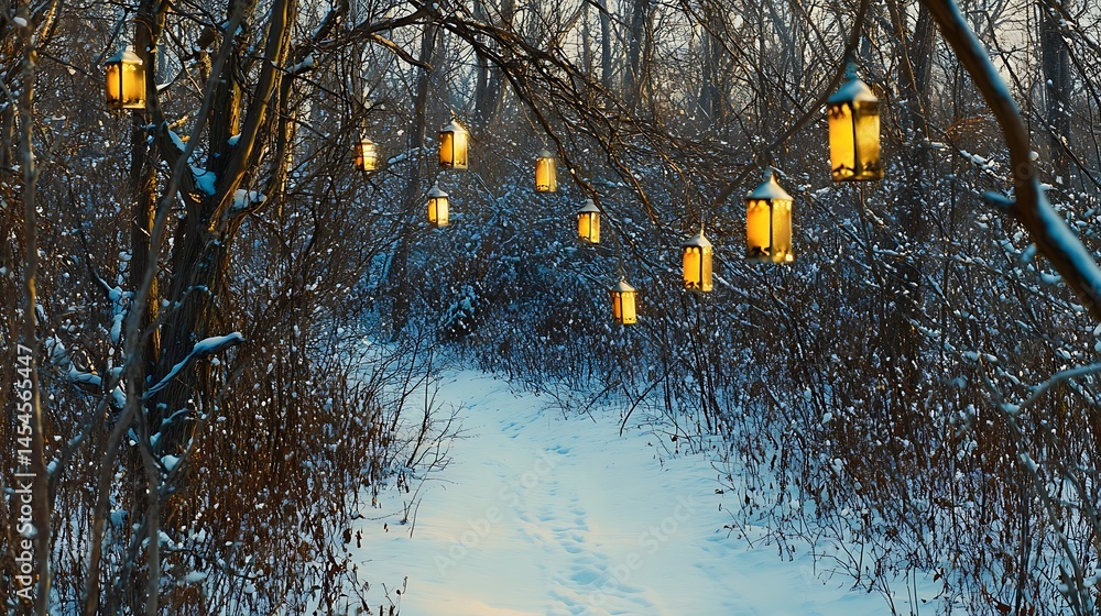 Poster snowy forest path illuminated by hanging lanterns, creating a magical atmosphere in winter