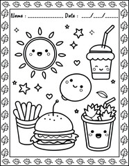 Cute Monster  fast food Coloring Pages For Kids. High resolution (300 DPI), ready to print on standard 8.5x11 inch paper  With No Bleed, Black and White Vector illustration AI, EPS, PNG, JPEG.