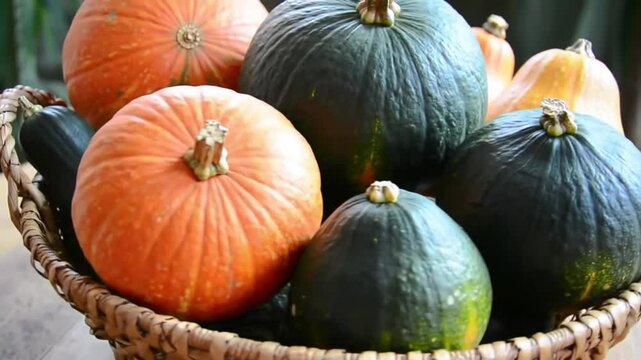 Vibrant array of autumn squash varieties piled high in woven wicker basket