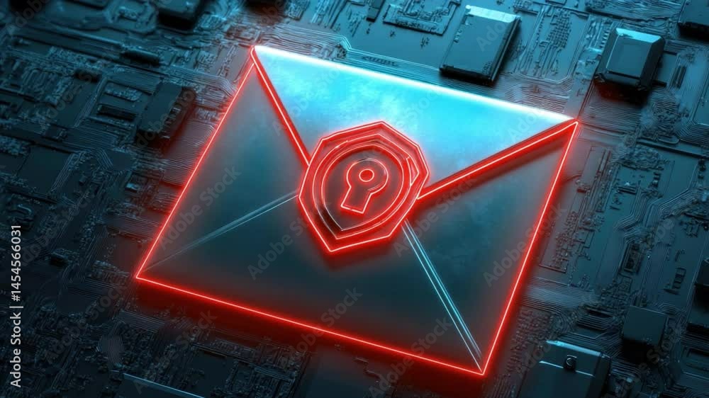 Poster futuristic envelope design with lock symbol on circuit board background for digital security concept