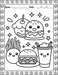 Cute Monster  fast food Coloring Pages For Kids. High resolution (300 DPI), ready to print on standard 8.5x11 inch paper  With No Bleed, Black and White Vector illustration AI, EPS, PNG, JPEG.