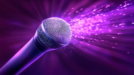 Purple microphone with sparkling light burst.