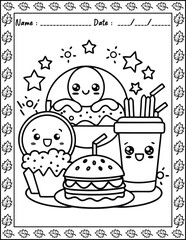 Cute Monster  fast food Coloring Pages For Kids. High resolution (300 DPI), ready to print on standard 8.5x11 inch paper  With No Bleed, Black and White Vector illustration AI, EPS, PNG, JPEG.