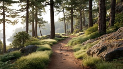Golden Hour Light Casting Long Shadows in Serene Forest Trail