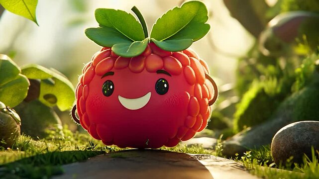 Adorable raspberry character in a natural setting