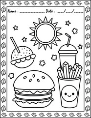 Cute Monster  fast food Coloring Pages For Kids. High resolution (300 DPI), ready to print on standard 8.5x11 inch paper  With No Bleed, Black and White Vector illustration AI, EPS, PNG, JPEG.