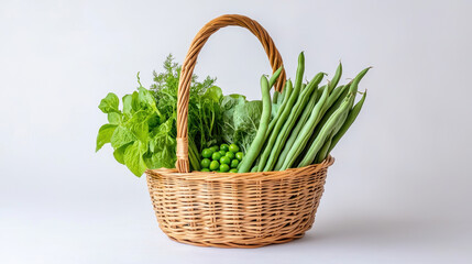 Fresh green vegetables in woven basket, including leafy greens, green beans, and peas, evoke sense of health and vitality
