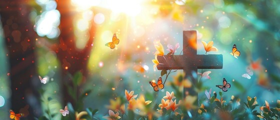 Cross surrounded by butterflies glowing warmth