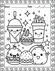 Cute Monster  fast food Coloring Pages For Kids. High resolution (300 DPI), ready to print on standard 8.5x11 inch paper  With No Bleed, Black and White Vector illustration AI, EPS, PNG, JPEG.
