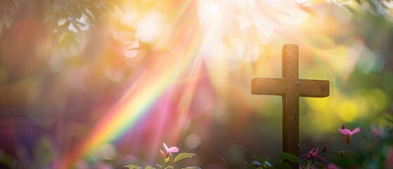 Cross with a rainbow in the background glowing warmth