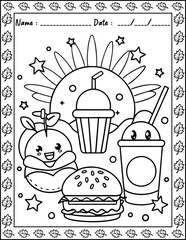 Cute Monster  fast food Coloring Pages For Kids. High resolution (300 DPI), ready to print on standard 8.5x11 inch paper  With No Bleed, Black and White Vector illustration AI, EPS, PNG, JPEG.