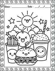 Cute Monster  fast food Coloring Pages For Kids. High resolution (300 DPI), ready to print on standard 8.5x11 inch paper  With No Bleed, Black and White Vector illustration AI, EPS, PNG, JPEG.