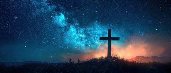 Cross with a starry sky above glowing warmth