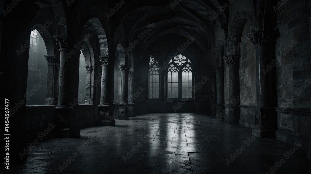Poster dim light streams through gothic windows, illuminating a historic stone corridor with columns and ar