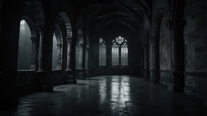 Obraz premium Dim light streams through gothic windows, illuminating a historic stone corridor with columns and arches.