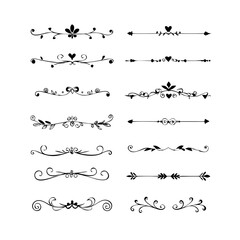Fototapeta premium Title: Dividers doodle set. Wedding decorative elements. Hand drawn vector illustration isolated on white background. Text dividers doodle set. Wedding decorative elements.