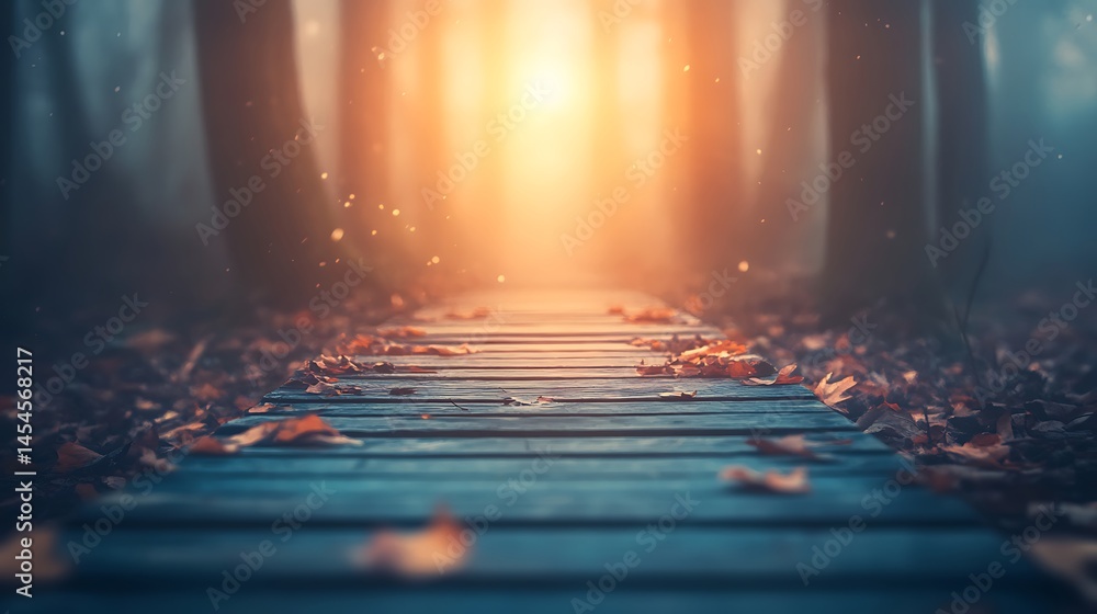 Poster serene autumn pathway through a misty forest with sunlight filtering through trees, creating a magic
