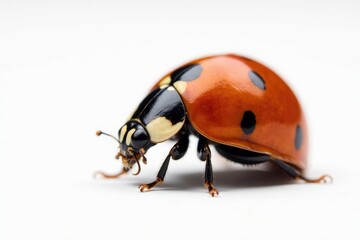 Fototapeta premium Close-up of a single ladybug on white background, seven-spotted ladybug, macro