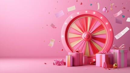 Pink wheel of fortune with gifts and confetti.