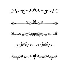 Obraz premium Dividers doodle set. Wedding decorative elements. Hand drawn vector illustration isolated on white background. Text dividers doodle set. Wedding decorative elements. 