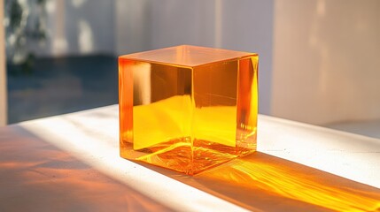 Amber cube in sunlight casting shadow on white surface.
