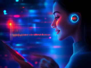 Futuristic Woman Using Tablet  Neon Glow  Digital Interface  Technology  Innovation
