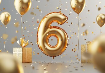 Obraz premium Shiny Golden Number 6 Balloon Surrounded by Gifts and Balloons