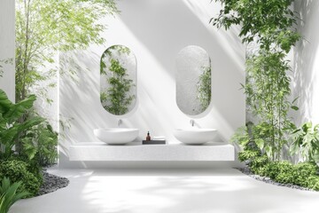 Bathroom with mirrors and plants on white background on transparent background