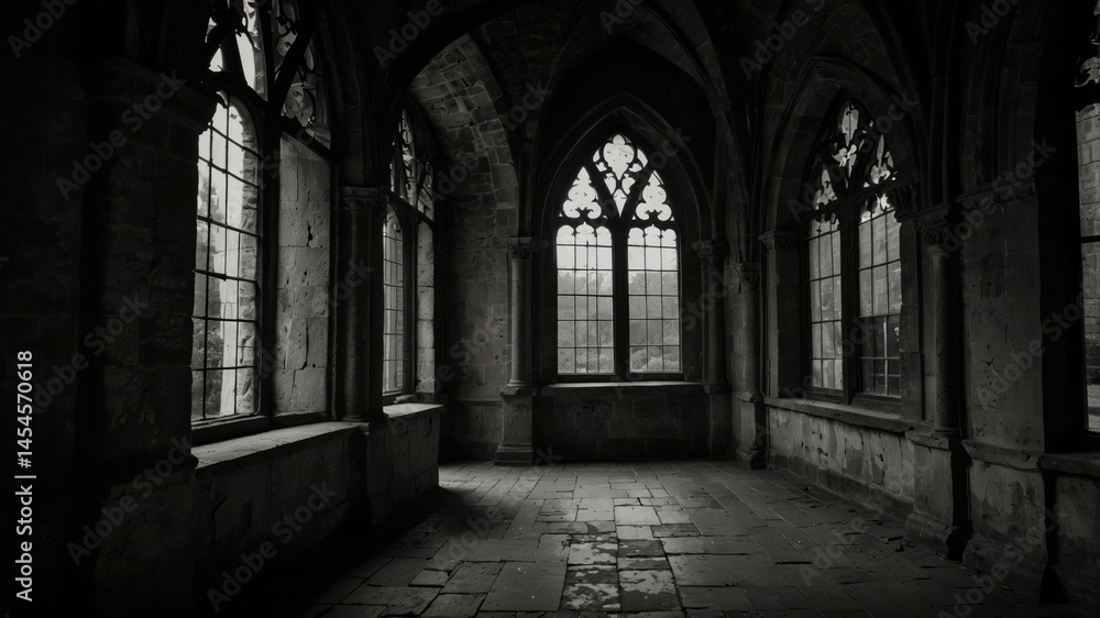 Poster gothic architecture: a black and white view of gothic archways and windows inside of a cathedral.