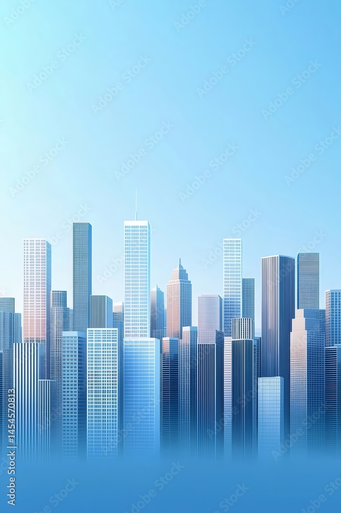 Aufkleber 青空の下にそびえ立つモダン都市のスカイライン パノラマ 青色基調の都会的な建築デザイン