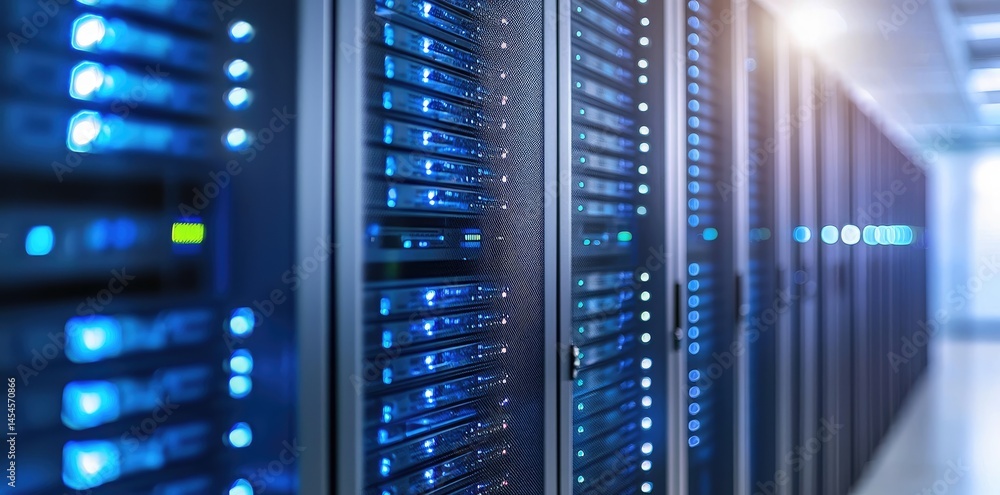 Aufkleber IT server room with high-performance racks and glowing indicators, ideal for web hosting, storage, or networking themes