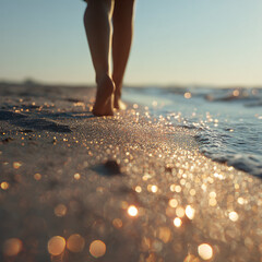 woman walking barefoot on a sunlit sandy beach during summer