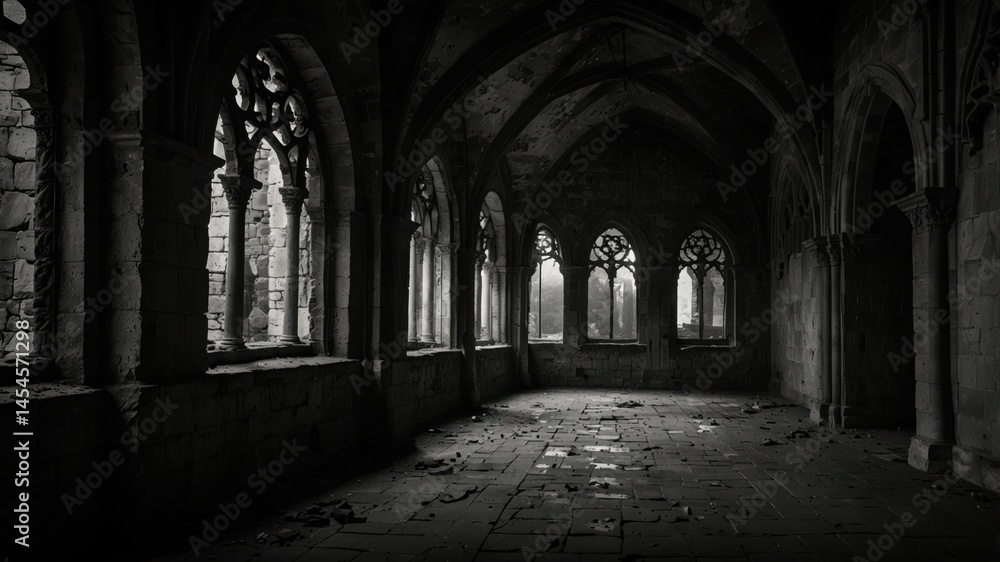 Poster dark gothic architecture fills the frame, old stone building with a series of arched windows.