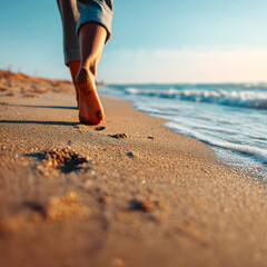 woman walking barefoot on a sunlit sandy beach during summer