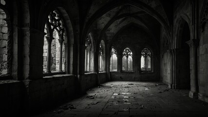 Obraz premium Dark gothic architecture fills the frame, old stone building with a series of arched windows.