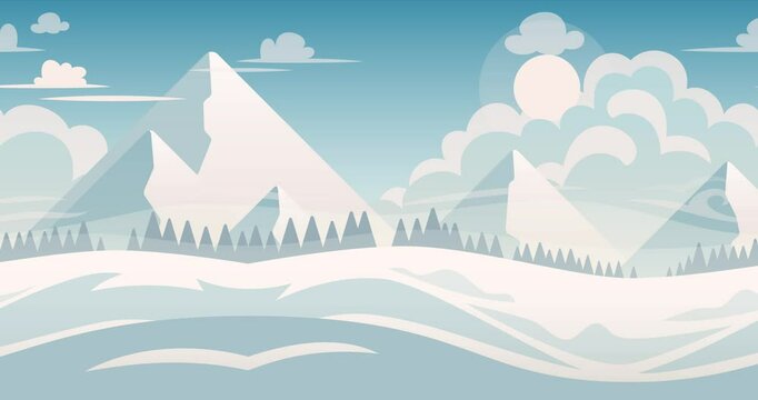 2D Parallax Looping Animation of Cold Winter Landscape. White snow, fluffy clouds and distant mountain peaks.